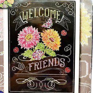 Design Works "Welcome Friends" Cross Stitch Kit Black Aida - New